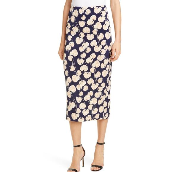 Diane Von Furstenberg Women's Kara Floral Pencil Midi Skirt Size 8 Navy Blue - Picture 1 of 14